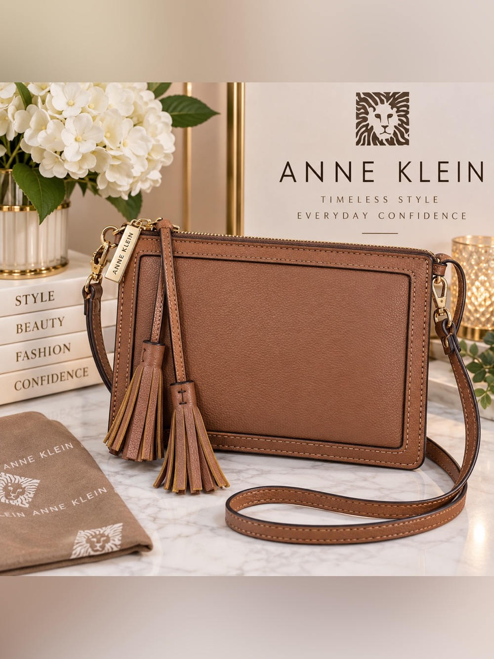 🤎 Anne Klein Brown Leather Wristlet Crossbody Clutch with Tassels